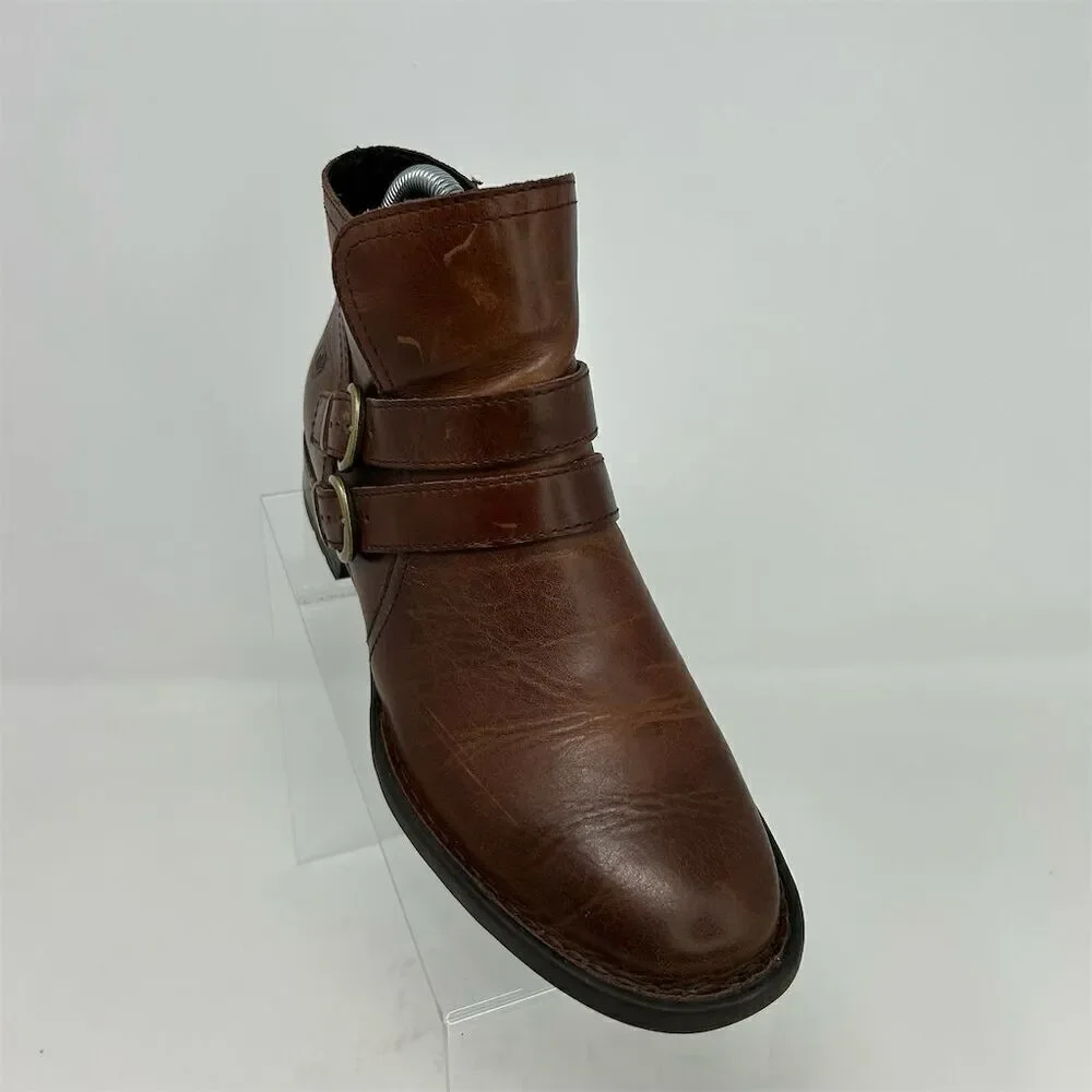 Born Women's Ankle Bootie Brown Leather Size 7.5M Double Buckle Casual